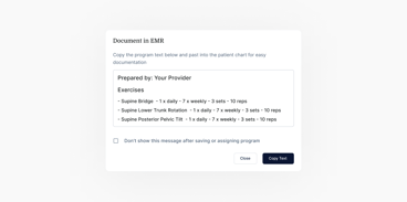 Screenshot of an EMR document from medbridge showing exercise instructions with daily and weekly sets and reps for supine bridge, lower trunk rotation, and posterior pelvic tilt.