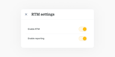 Settings menu with "Enable RTM" and "Enable reporting" options turned on in Medbridge.