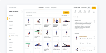 Screenshot of medbridge exercise planning software showing exercise cards, search, filters, and a sidebar with exercise details.