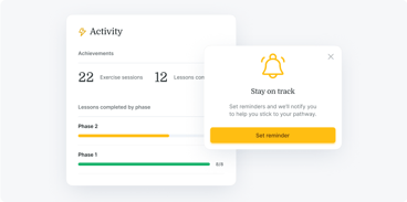 A medbridge dashboard shows sessions and lessons by phase, with a pop-up prompting users to set reminders using a yellow button.