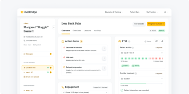 A Medbridge dashboard shows Margaret Barnett’s low back pain profile, engagement, tasks, and RTM activity data.