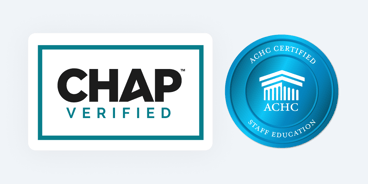 Logos for CHAP Verified and ACHC Certified Staff Education badges next to each other.