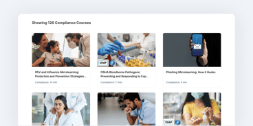 A webpage features compliance courses like "RSV and Influenza Microlearning" and "Phishing Microlearning," with thumbnails showing people and scenarios.