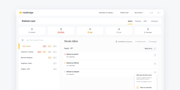 A patient care dashboard on the medbridge platform shows alerts, session notes, and status for Nicole Allen's hand therapy.
