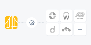 Diagram of the medbridge yellow bridge icon linked by a gear to six platform icons, showing digital healthcare integration.
