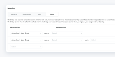 A healthcare mapping interface lets users match HR fields to medbridge fields using dropdown menus.