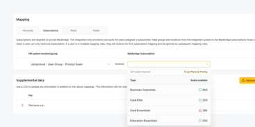 Mapping setup screen on a web interface with a dropdown for subscription types and available seats in digital healthcare platforms.