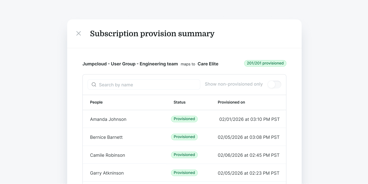Table listing Engineering team users and their subscription statuses for medbridge digital healthcare, with names and provisioning dates.