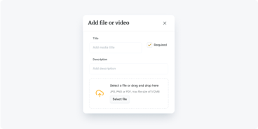 File upload screen for healthcare education with title, description fields, and option to add JPG, PNG, or PDF files up to 512 MB.