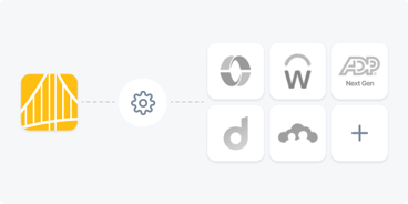 Diagram with a yellow Medbridge square linked by a gear to six white company-logo squares and a plus sign.