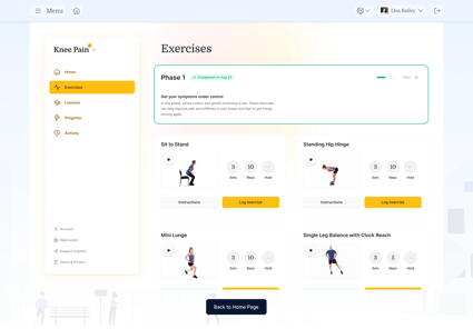 Medbridge knee pain exercise app interface displaying Phase 1 exercises: Sit to Stand, Standing Hip Hinge, Mini Lunge, and Single Leg Balance with Clock Reach.