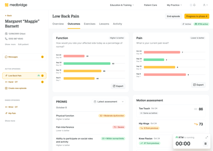 A medbridge dashboard shows a patient's low back pain outcomes, pain levels, assessments, and activity tracking with progress bars.