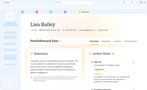 Medbridge dashboard showing Lisa Bailey's patellofemoral pain details and contact info.