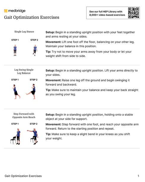 Guide 'Gait Optimization Exercises' details single-leg stance, leg swing balance, and step-forward exercises with medbridge insights.