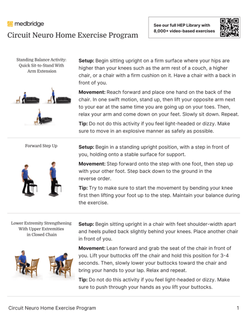 Discover our Medbridge exercise program with activities for balance, step-ups, and lower body strengthening.
