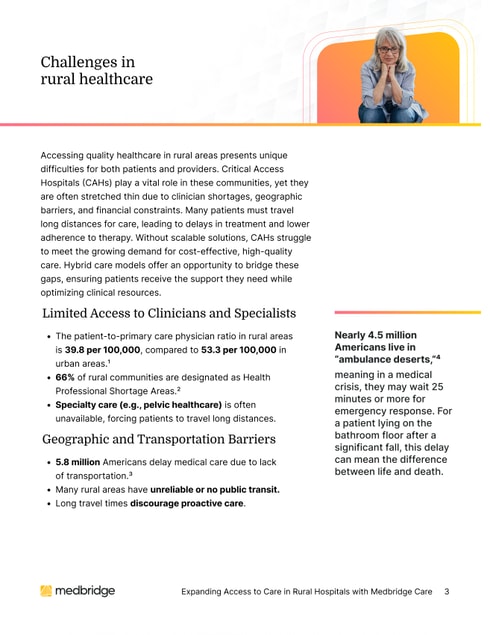 A medbridge fact sheet page with stats about rural healthcare challenges and digital solutions.
