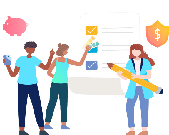 Three people discuss digital healthcare solutions with Medbridge, featuring a phone, color swatches, and an oversized pencil.