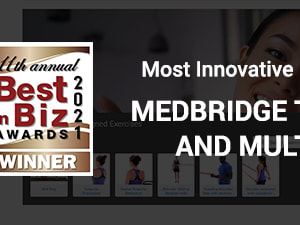 Award banner for medBridge Telehealth Virtual Visits, 2021 Best in Biz winner for Most Innovative Healthcare Product.