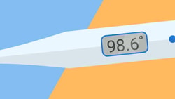 Digital thermometer reading 98.6°F against a blue and orange background with medbridge branding.