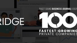 MedBridge logo with 'Puget Sound Business Journal 2021, 100 Fastest-Growing Private Companies' text on a digital screen background.