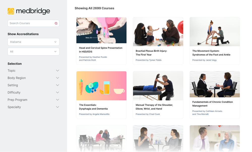A medbridge webpage shows healthcare course listings with thumbnails, titles, presenters, and sidebar filters.