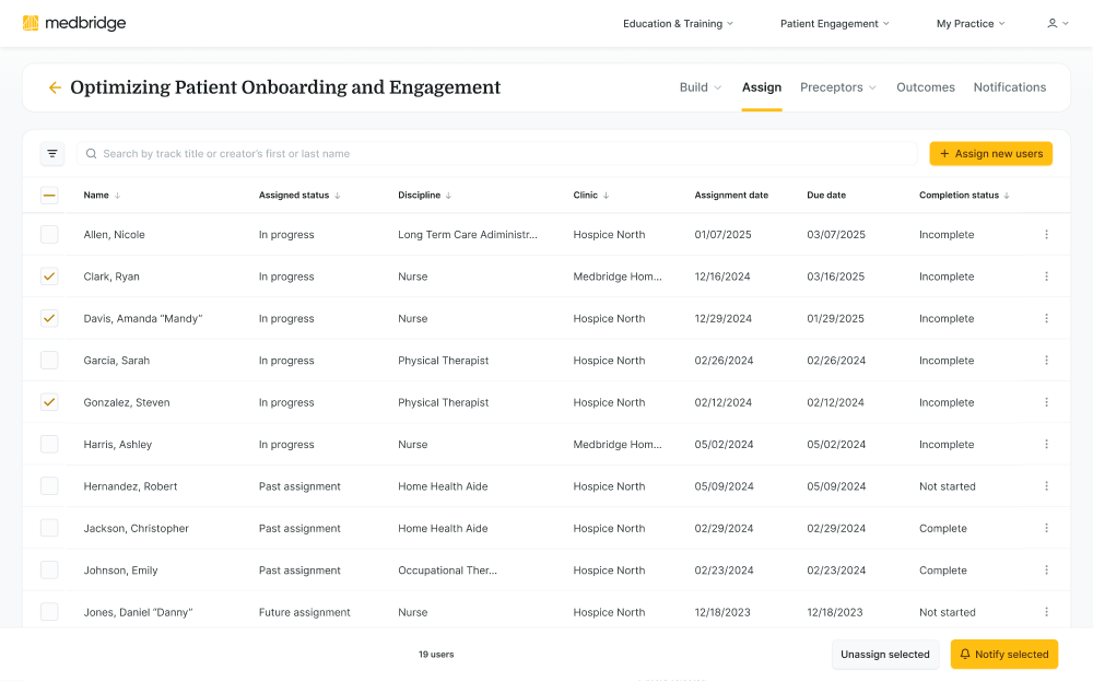 Dashboard showing patient onboarding, assignments, clinics, and status for users at Hospice North in medbridge software.