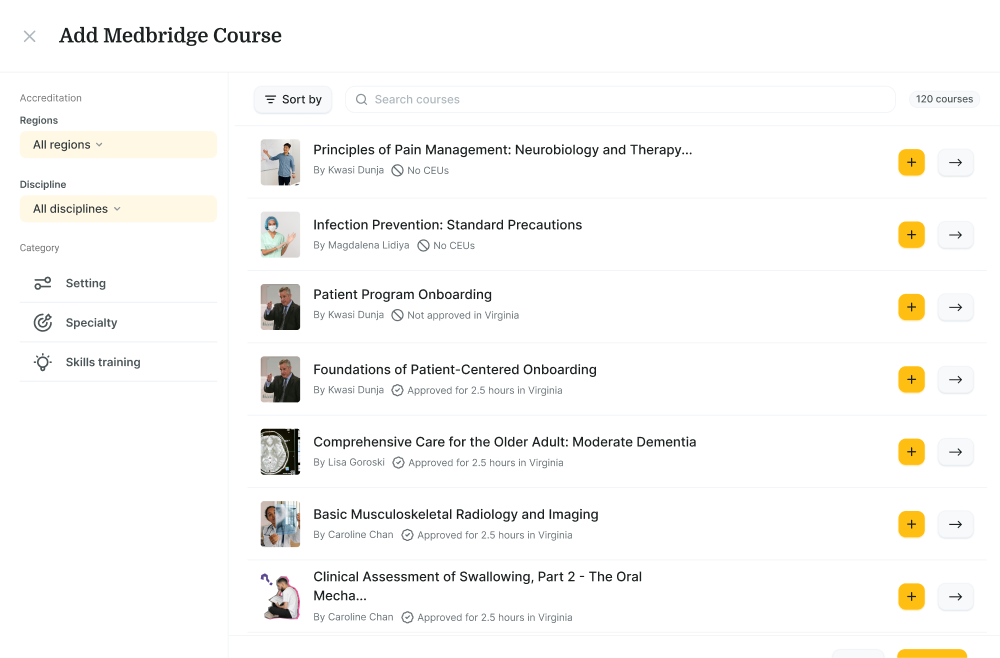 A medbridge webpage showing medical courses with sort and filter options for region, discipline, setting, and hybrid care.