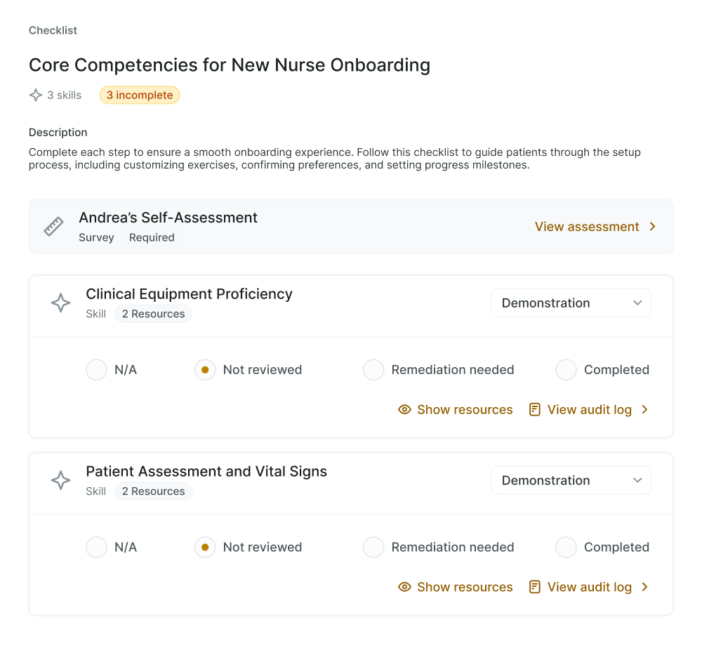 New nurse onboarding checklist with self-assessment and vitals tracking, integrated in medbridge software.