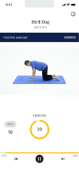 A person kneels on a blue mat in bird dog position in a medbridge workout app for digital healthcare.