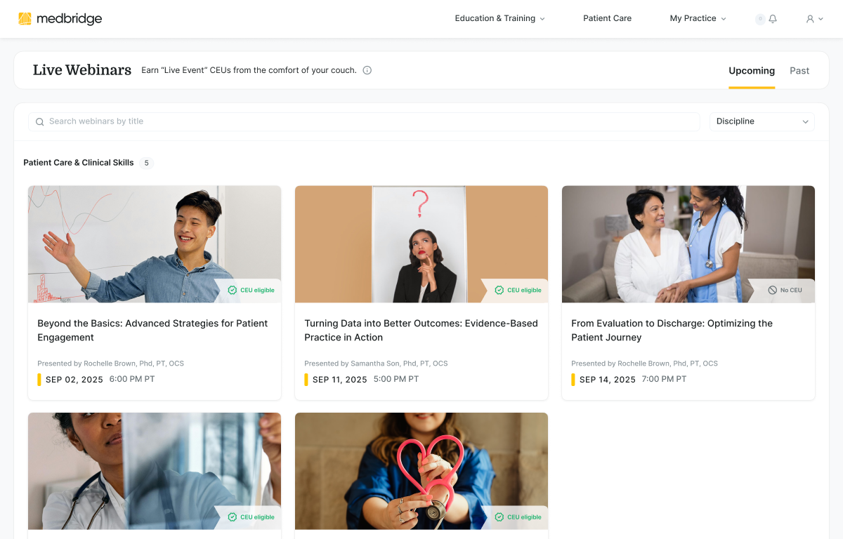 Screenshot of a medbridge page listing upcoming healthcare webinars with session titles, dates, presenters, and thumbnails.