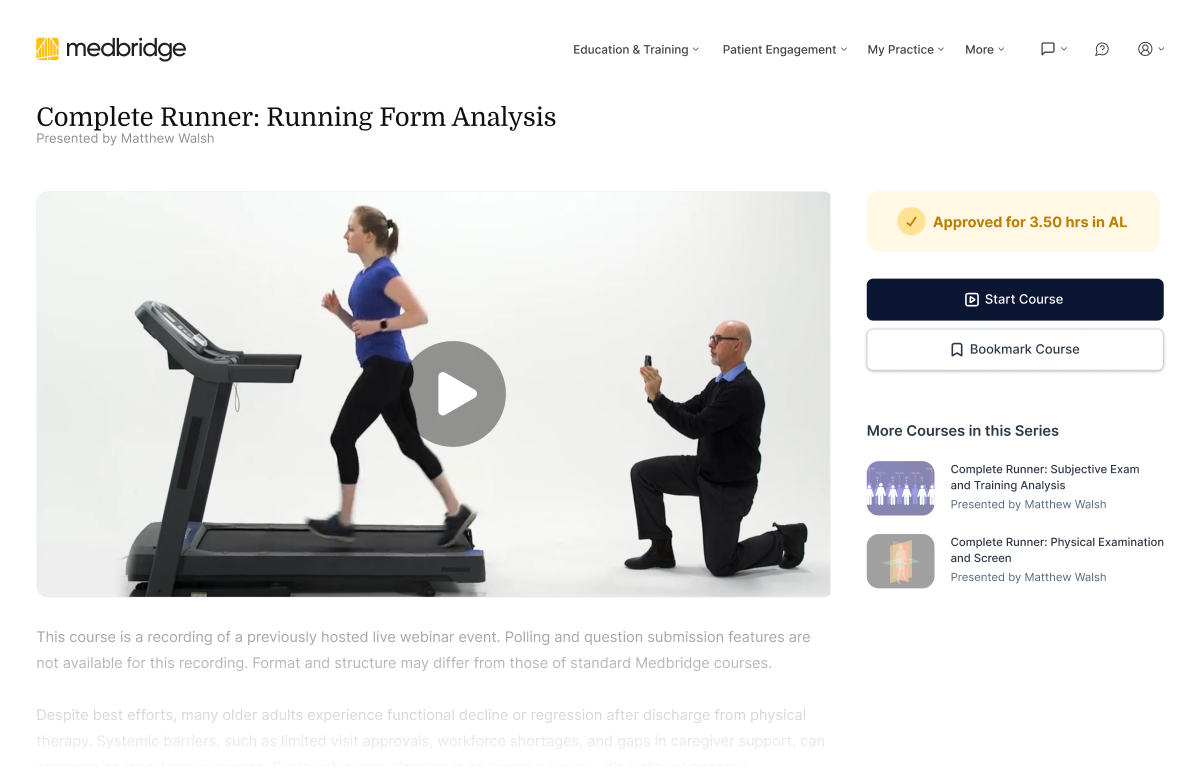 A woman runs on a treadmill as a man records her form with a tablet for an online running course by medbridge.