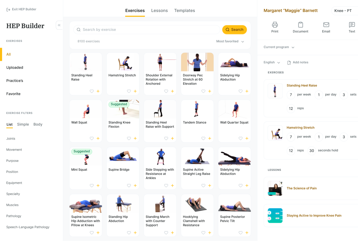 Screenshot of a medbridge interface showing exercise thumbnails, search bar, navigation menu, and a knee pain program.