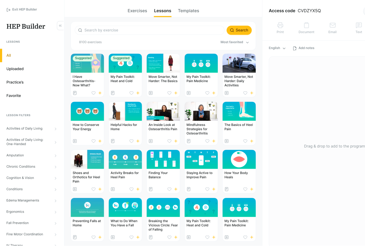 Screenshot of a medbridge page showing healthcare lesson cards, side navigation menus, and an access code at the top right.