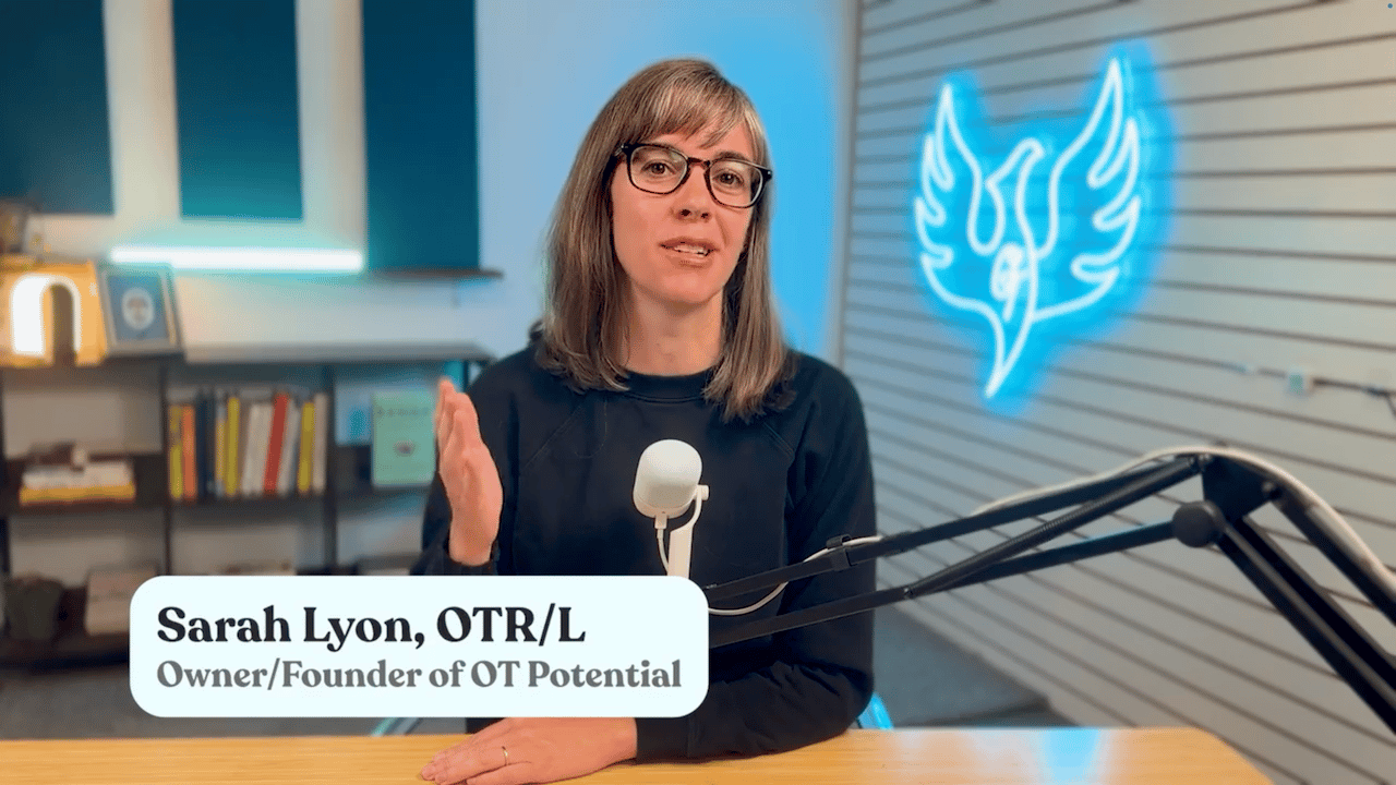 Sarah Lyon, OTR/L, founder of OT Potential, sits at a desk with a microphone and a neon bird sign, with "medbridge" text visible.