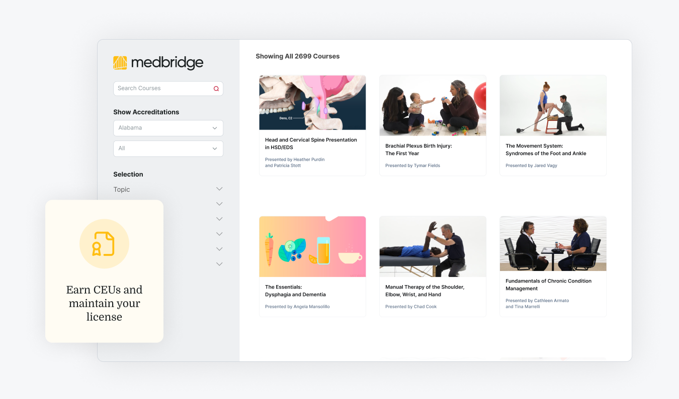 A medbridge course catalog webpage shows search tools, course thumbnails, and a pop-up about earning CEUs.