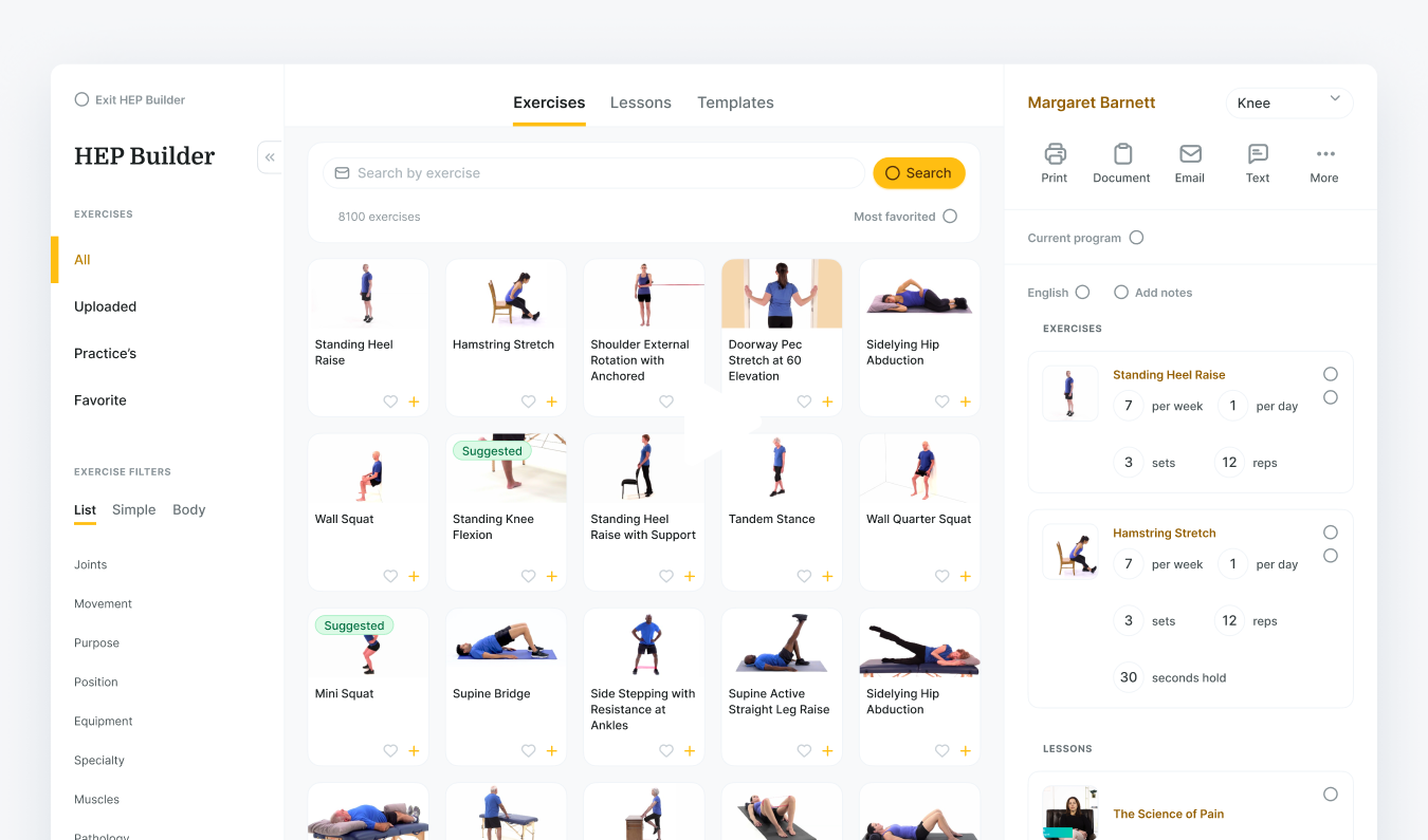 A Medbridge interface shows exercise thumbnails, categories, a search bar, and hamstring stretch details on the right.