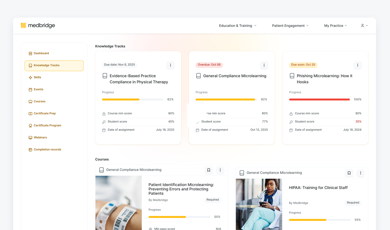 A digital healthcare dashboard shows course progress bars, status, scores, and dates for medbridge compliance and education.