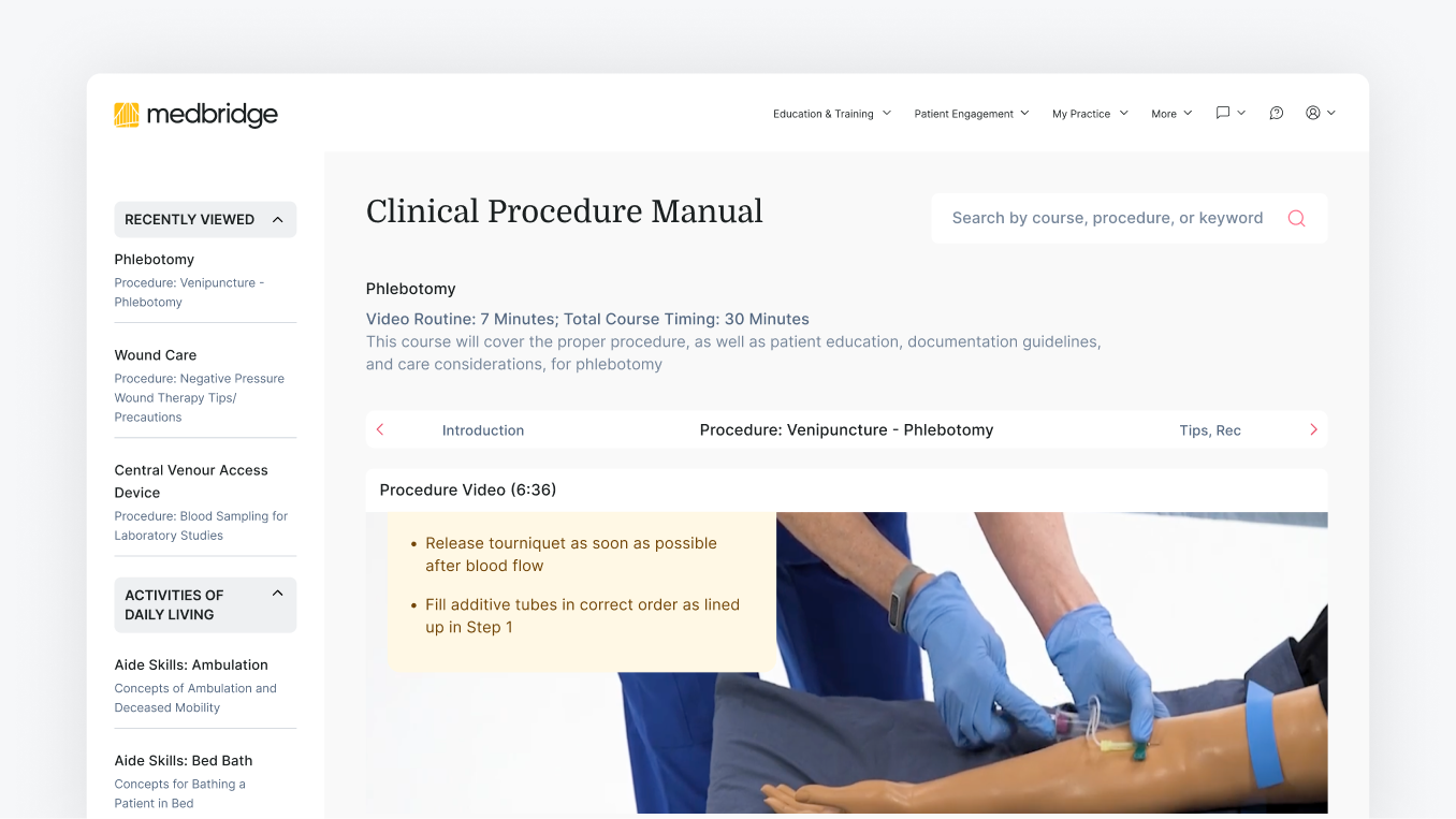 A medical professional in blue gloves performs venipuncture on a patient's arm in a medbridge training video.