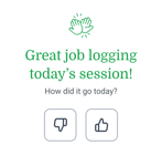 Screen shows "Great job logging today’s session!" and "How did it go today?" with thumbs up/down, highlighting medbridge care.
