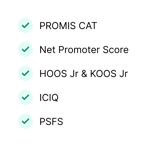 A checklist with five items, all checked in green, shows features for patient care or education software like medbridge.