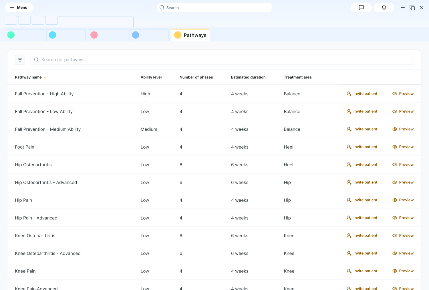 A medbridge dashboard shows a table listing patient pathways with columns for name, ability, phases, duration, and actions.