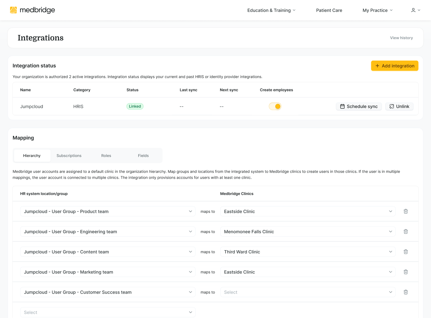 Screenshot of the medbridge integrations page with Jumpcloud HRS linked and an add integration button at top right.