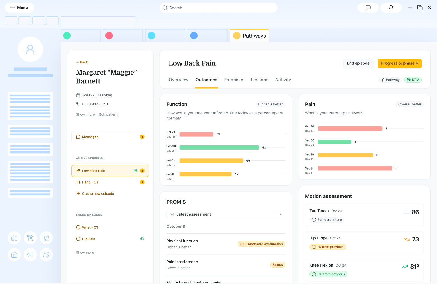 Medbridge dashboard showing graphs and indicators for low back pain outcomes, patient function, and assessments.