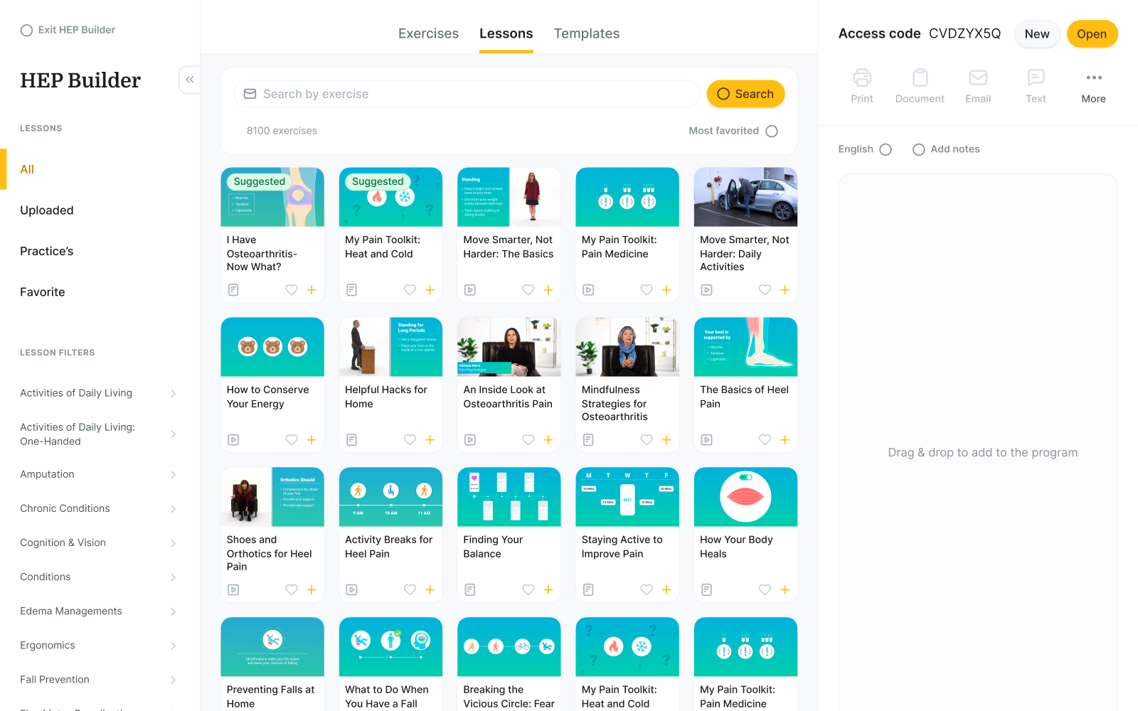 Healthcare dashboard on medbridge shows lesson cards with images, titles, add or favorite icons, a sidebar, and a search bar.