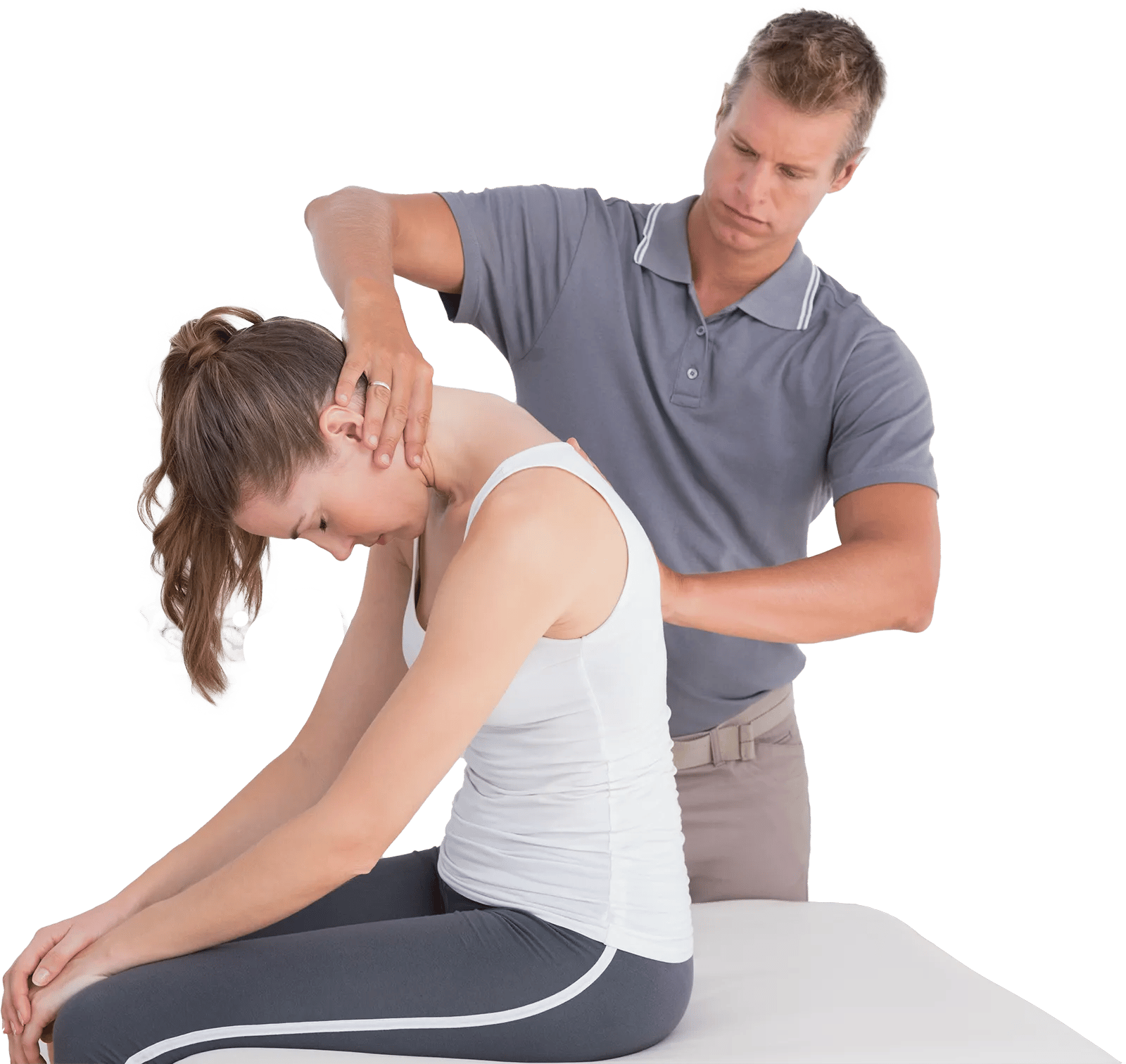 A healthcare professional from Medbridge adjusts a woman's neck and shoulder as she leans forward.