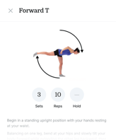 Person balances on one leg in a Forward T from medbridge, arms back; arrows show motion and text reads 3 sets of 10 reps.