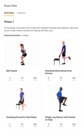 Screenshot of medbridge knee pain program showing four exercises with images: mini squat, knee flexion, heel raise, and leg stance.