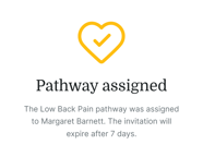 A yellow heart with a check mark signals that the Low Back Pain pathway was assigned to Margaret Barnett in medbridge.
