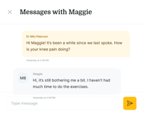 A chat in medbridge shows Dr. Milo Paterson asking Maggie about knee pain, with Maggie replying she hasn't done exercises.