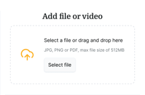 Digital healthcare file upload with select or drag-and-drop for JPG, PNG, or PDF up to 512MB; "Select file" button shown.